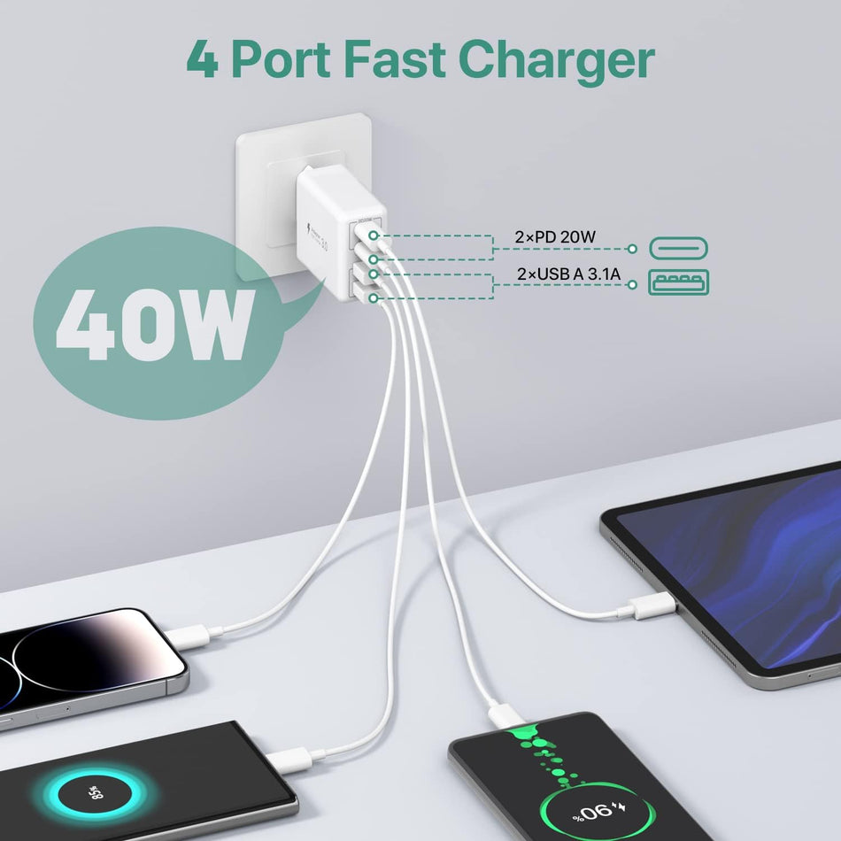 USB C-laddare, 40 W 4-port USB C-laddare block, snabbladdningsblock dubbel port PD+QC väggkontakt multiport typ C för iPhone 14/13/12/11/Pro Max/XS/XR/8/7, iPad, Samsung telefon, surfplatta