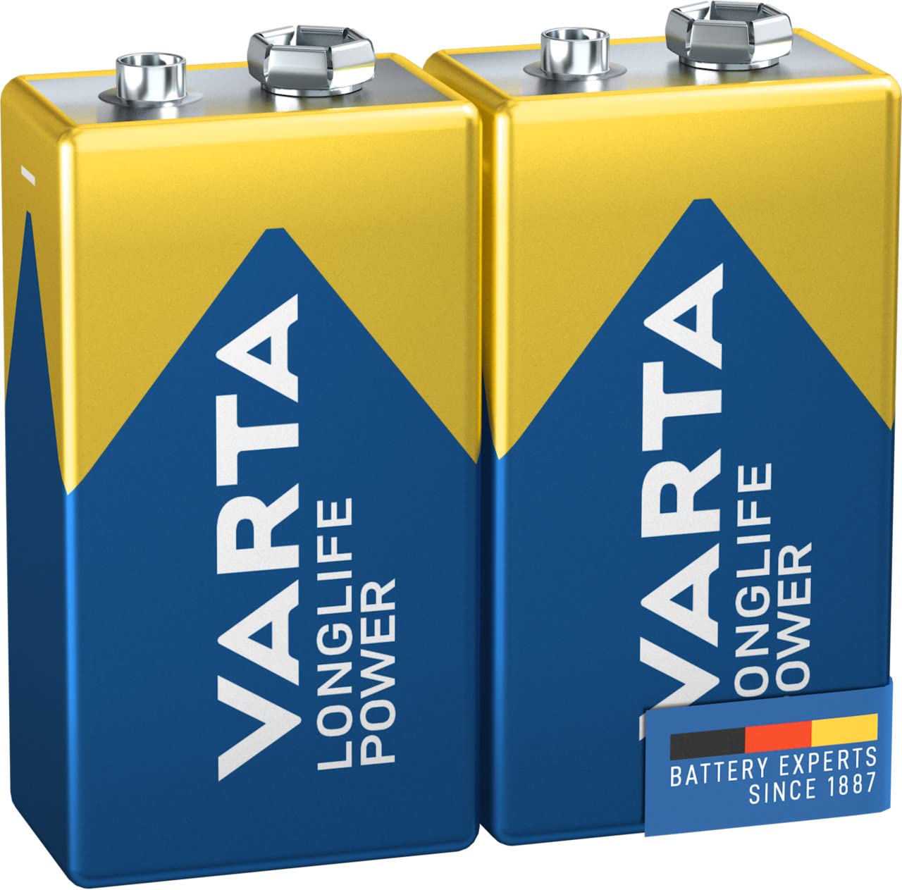 Longlife Power 9V Block 6LR61 alkaliskt E-Block batteri (2-pack) – tillverkat i Tyskland – perfekt för brandlarm, rökdetektorer, tuners