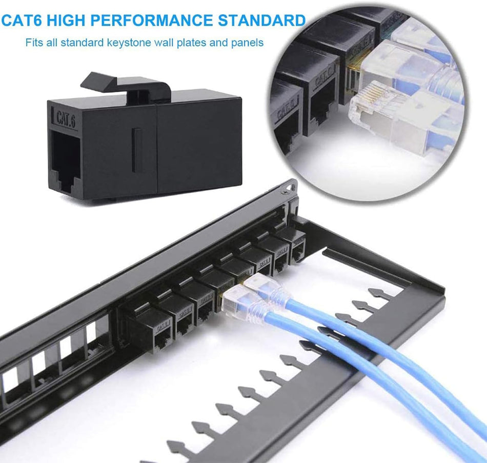 RiteAV - RJ45 koppling, CAT6 Keystone Jack F till F rak oskärmad in-line Cat 6 Ethernet-modul (10 st, svart)