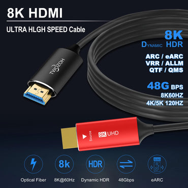 RiteAV - 8K fiber HDMI kabel 100M, Hög hastighet HDMI 2.1 fiberoptisk sladd stöder 48Gbps 8K@60Hz 4K@120Hz