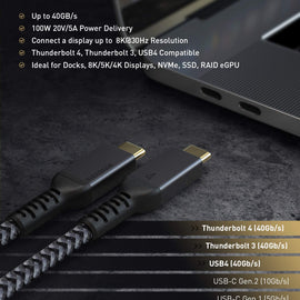 Thunderbolt 4 Kabel 2m/40Gbps, TB4 USB C 4.0 Kabel 20V/5A 100W Stöder 8K30hz/5K@60Hz/Dual 4K60hz Bildskärm,Studio Display,M1 Macbok Air,Thunderbolt 3 Extern SSD,eGpu Dockning,USB-C Dockning